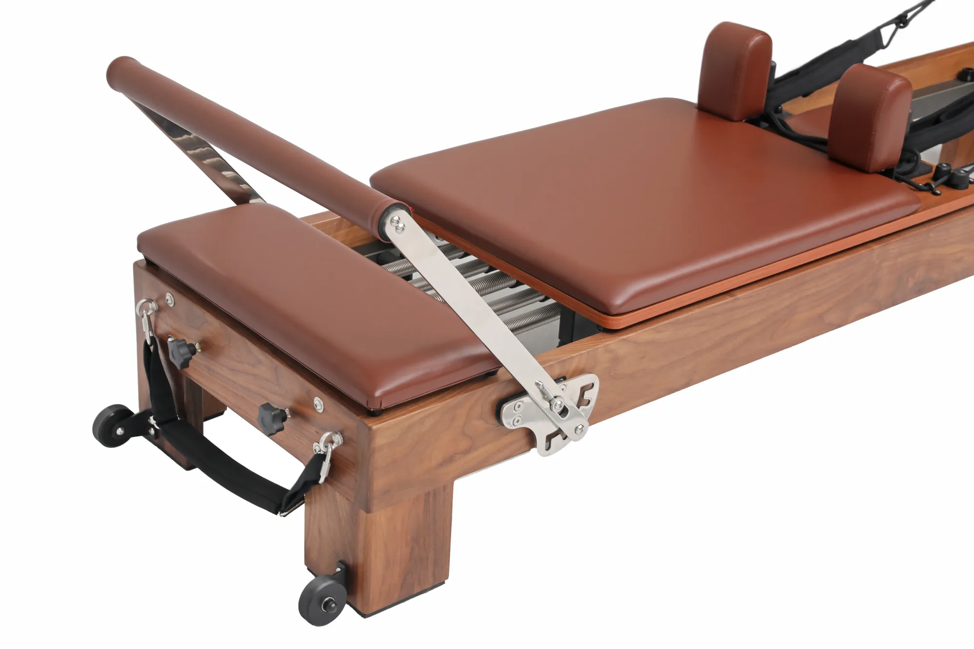Cost Effective Walnut Wood Pilates Reformer Carriage And Footbar Detail