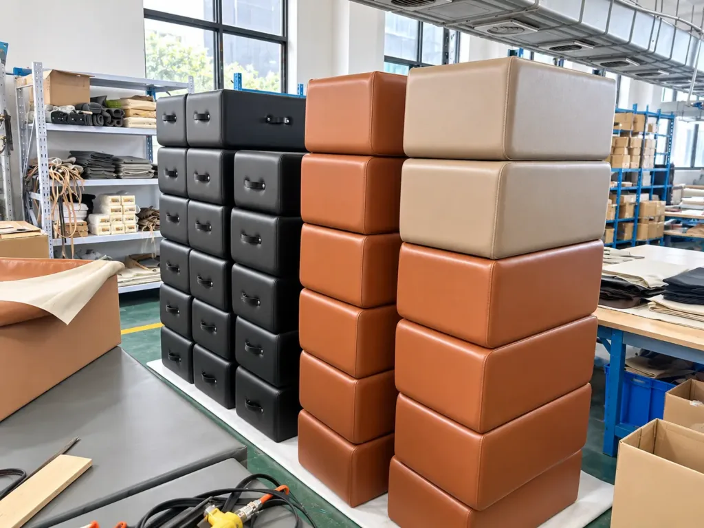 Industrial Upholstery Workshop With Stacked Ottomans