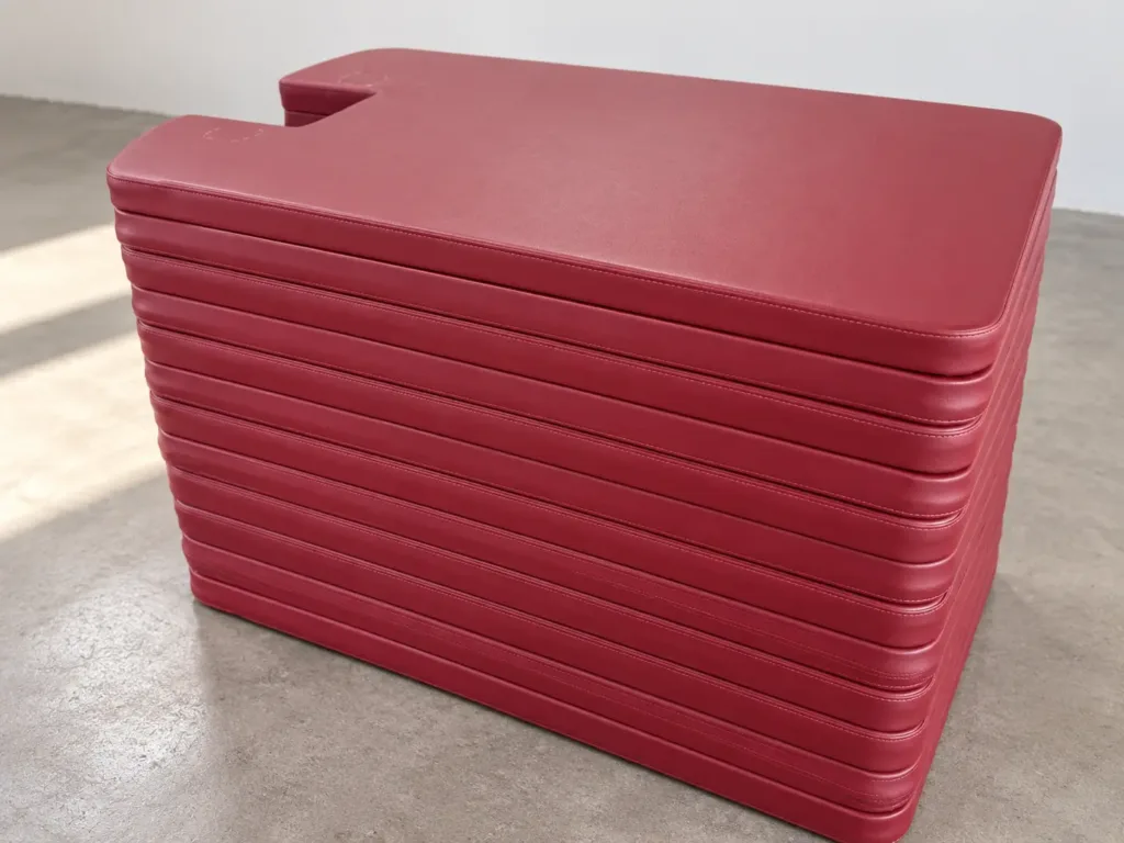 Stacked Maroon Upholstered Cushions