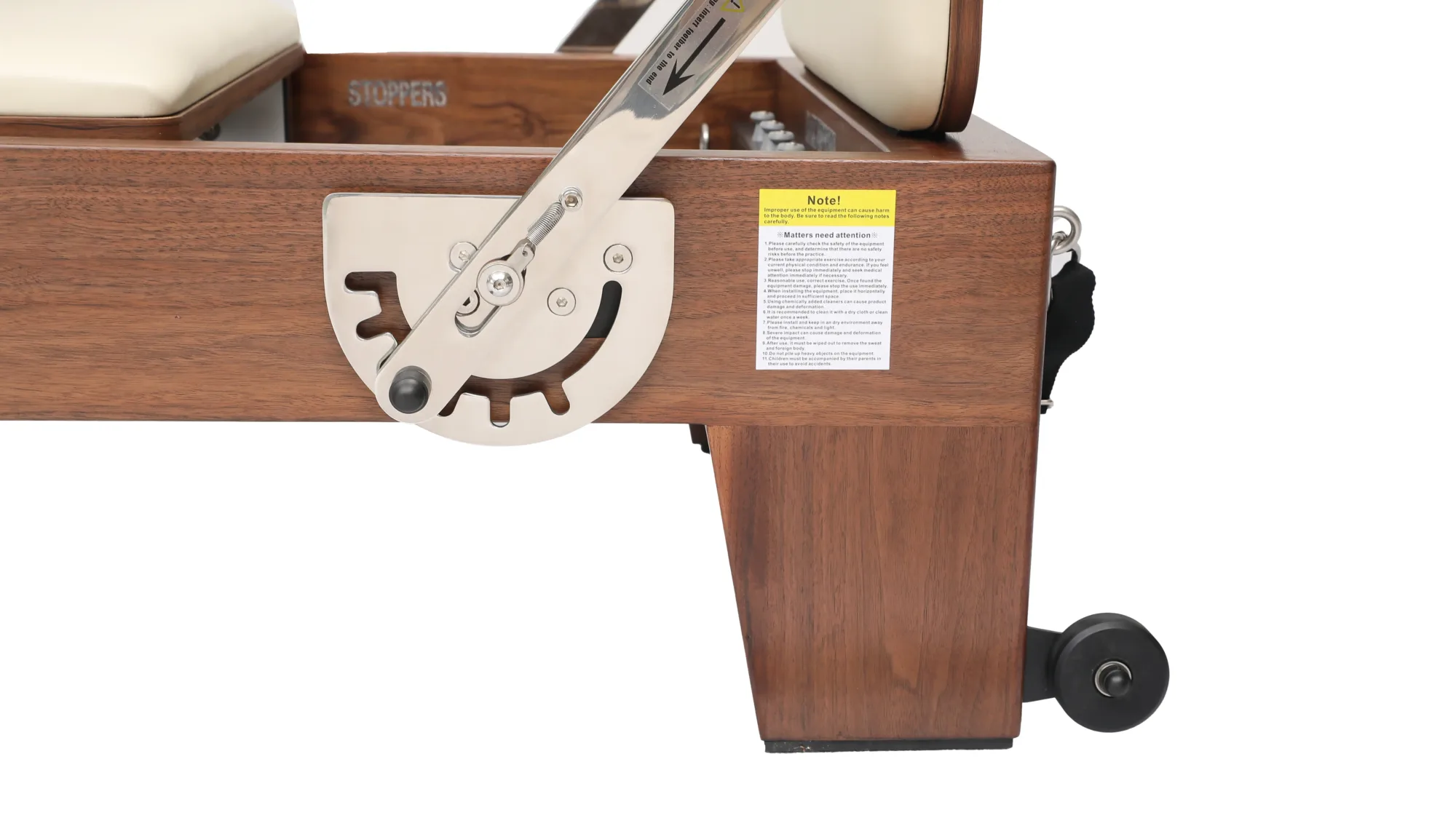Walnut Wood Pilates Reformer Footbar Adjustment System