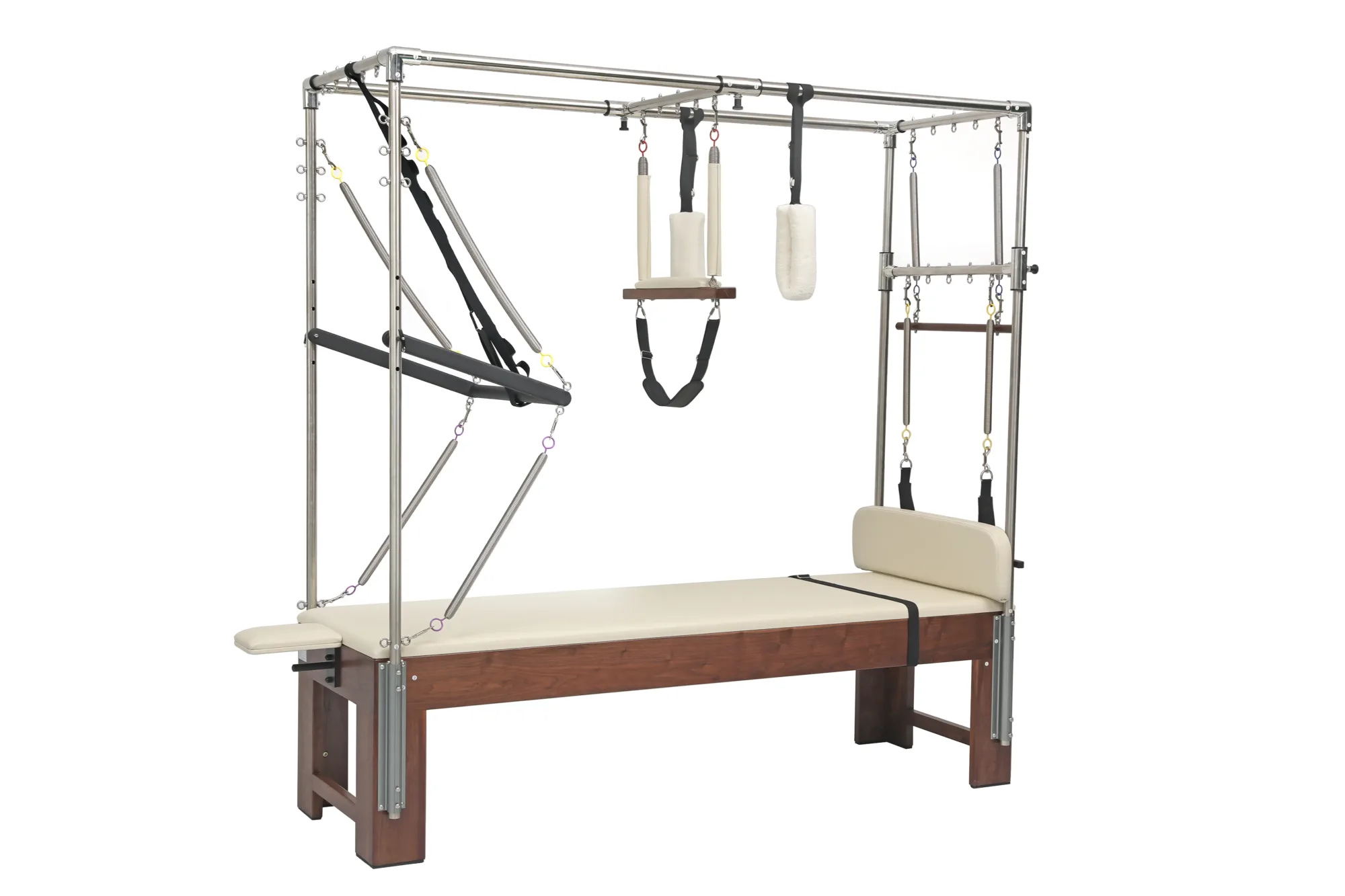 Walnut Wood Pilates Reformer With Tower Rear Perspective View