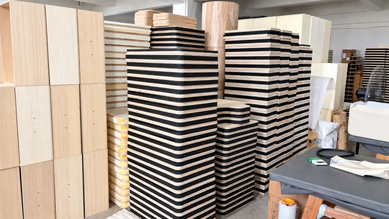 Industrial Workshop With Stacked Wood Panels