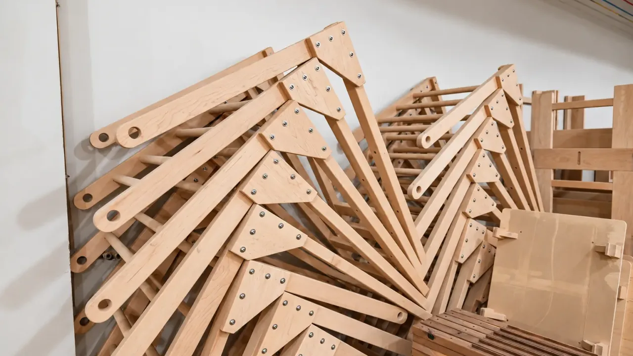 Stacked Wooden Folding Frames In Workshop
