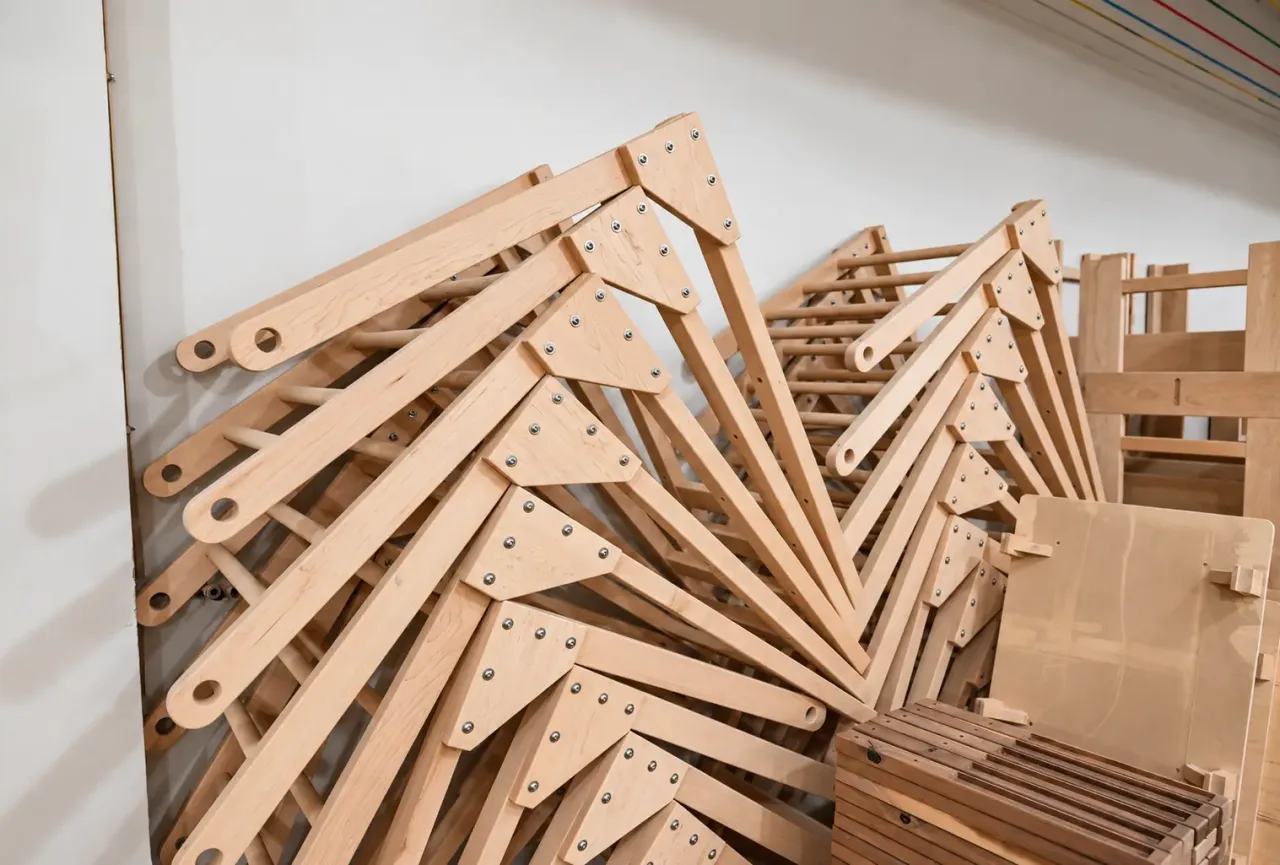 Stacked Wooden Folding Frames In Workshop