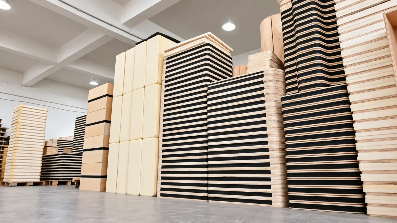 Striped Plywood Stacks In Warehouse