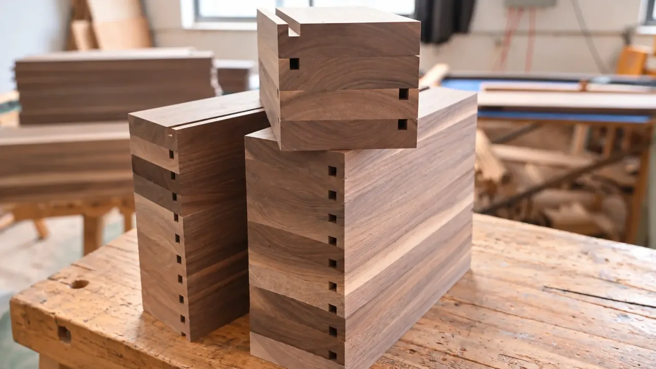Walnut Joinery Blocks In Workshop Light